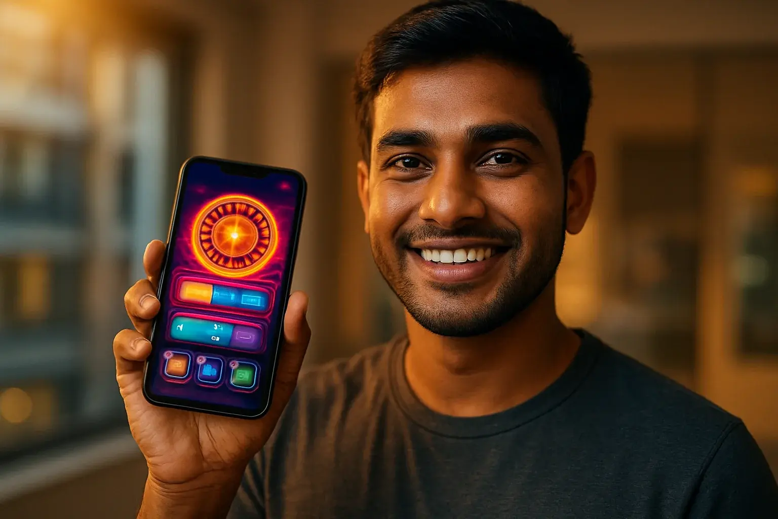 Young Bangladeshi man smiling, holding phone showing glowing casino app interface