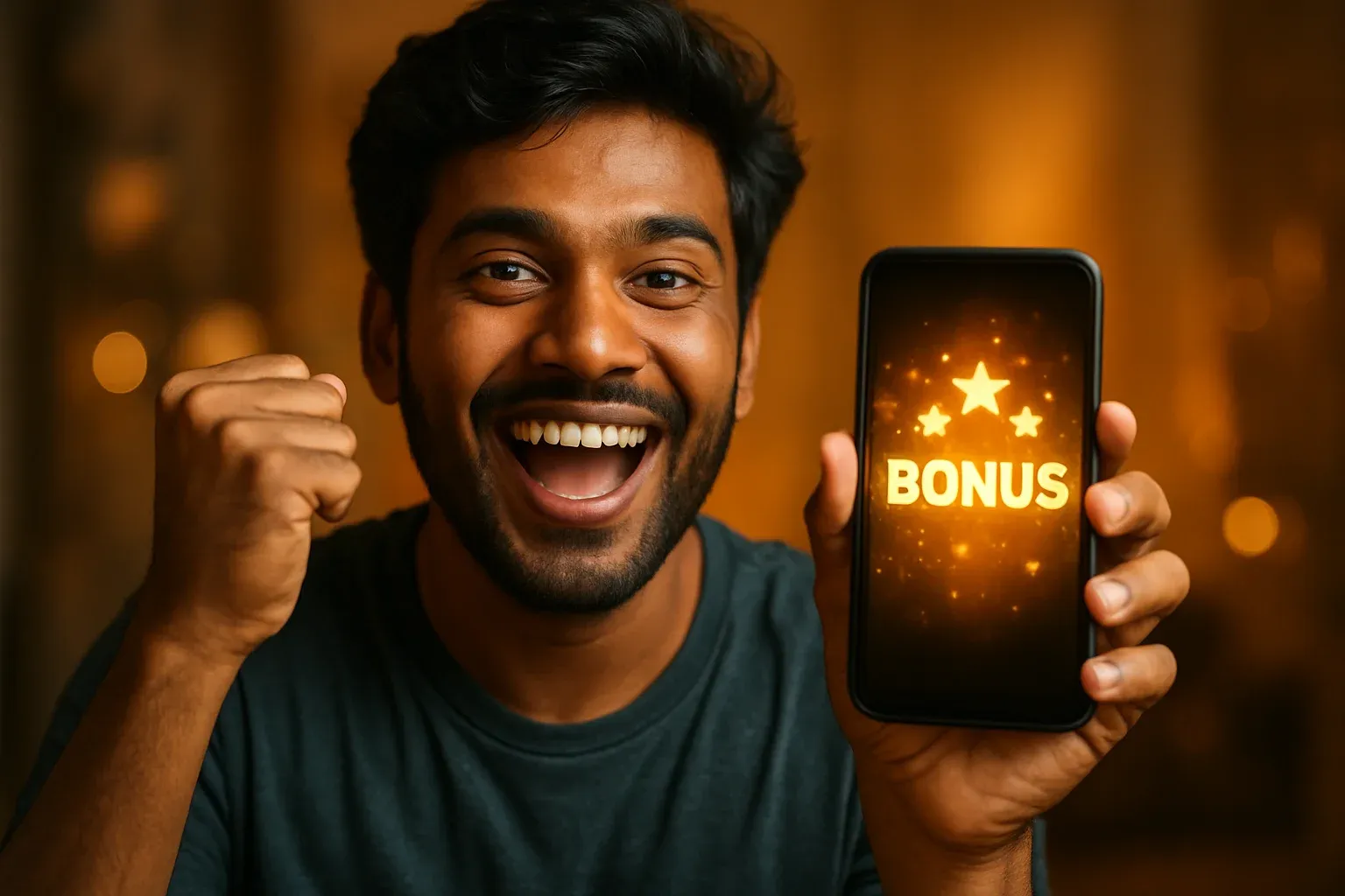 Joyful young Bangladeshi man celebrating with smartphone showing glowing bonus notification
