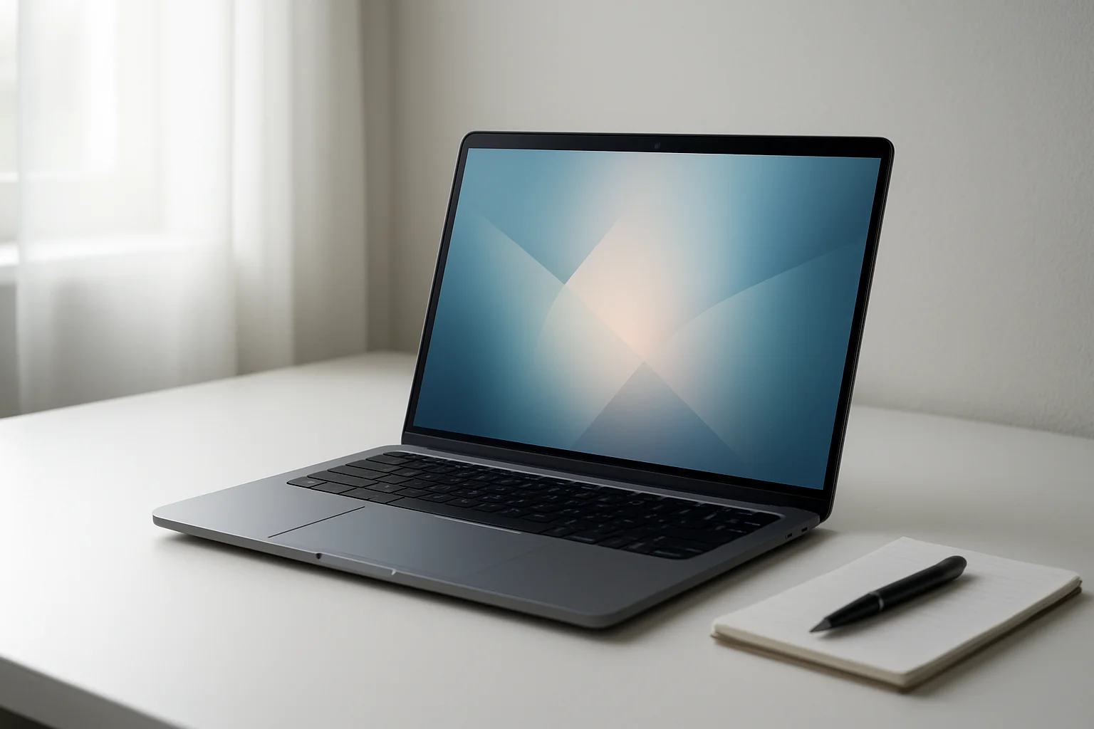 Modern laptop on white desk with glowing abstract screen in daylight