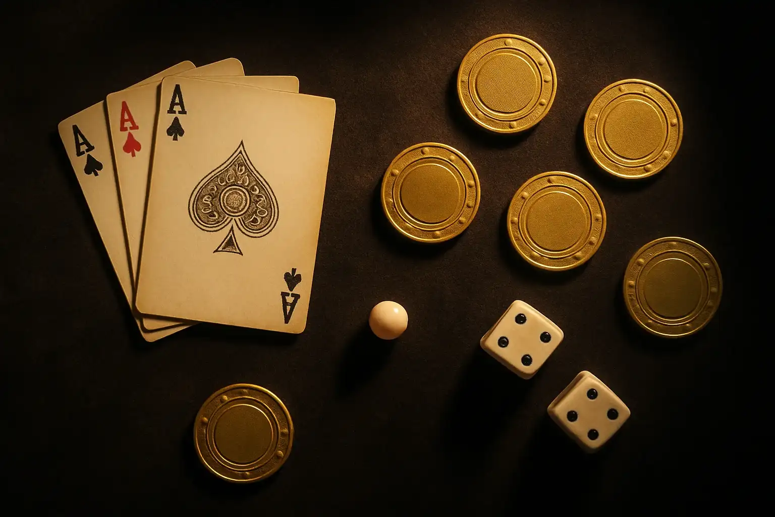 Top-down dark velvet casino scene with gold chips, cards, dice, roulette ball