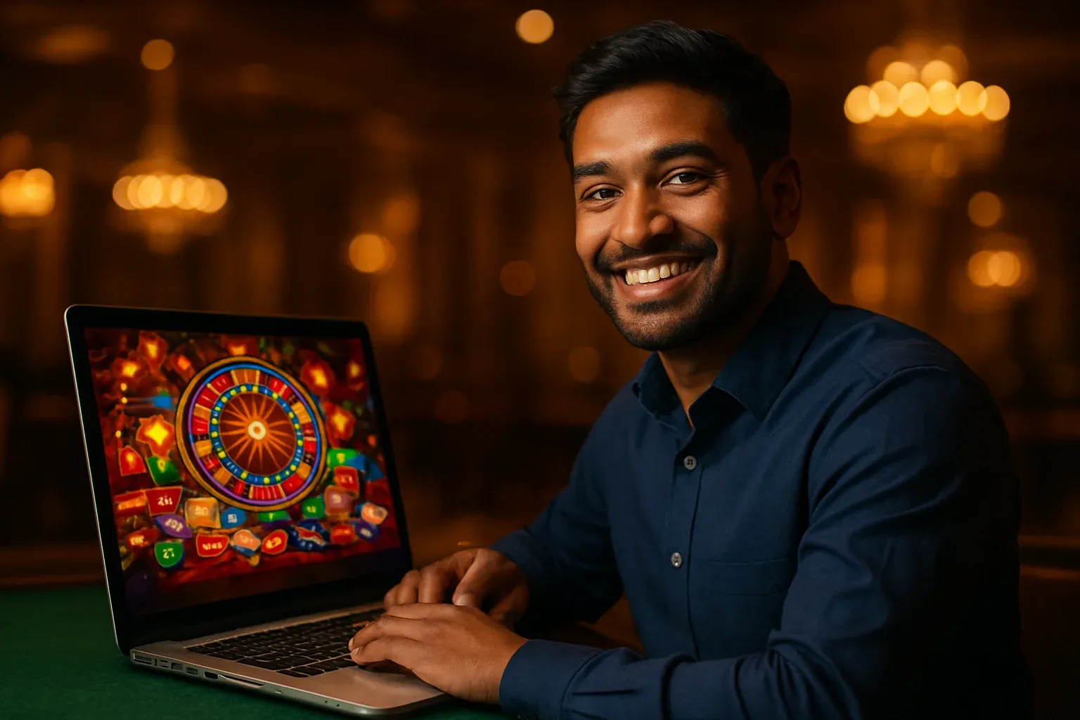 Cheerful Bangladeshi man smiling at open laptop in casino lounge