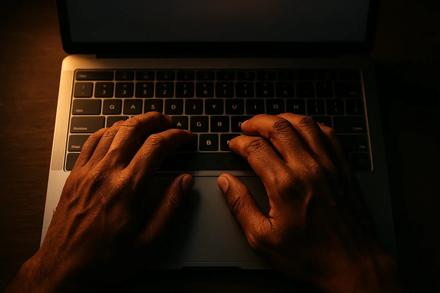 Close-up Bangladeshi hands typing on laptop keyboard in dramatic light