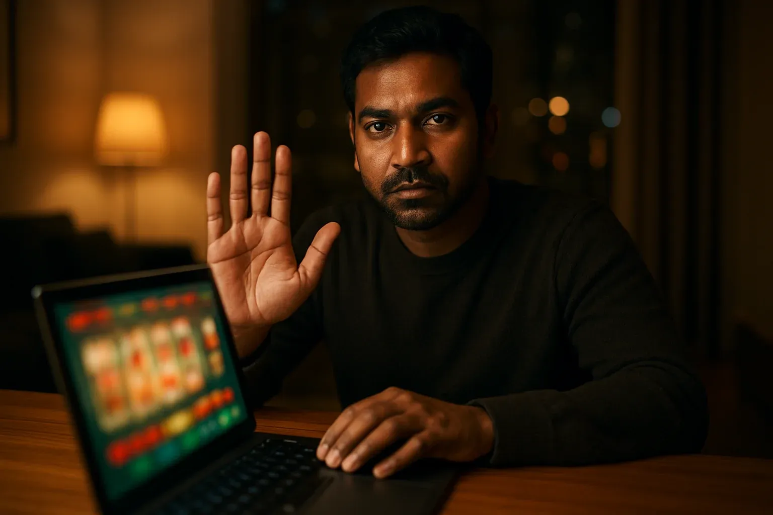 Bangladeshi man shows stop gesture by laptop with blurred online casino