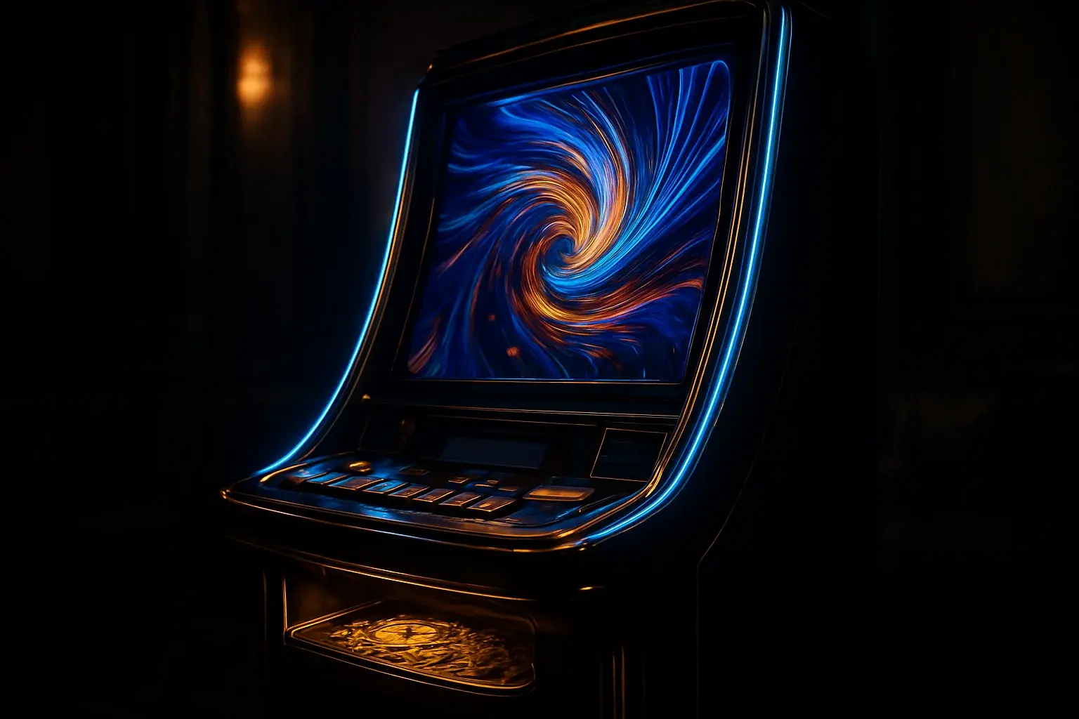 Hyperrealistic premium slot machine in dark luxury setting with neon lighting